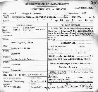 George O. Noyes return of death certificate