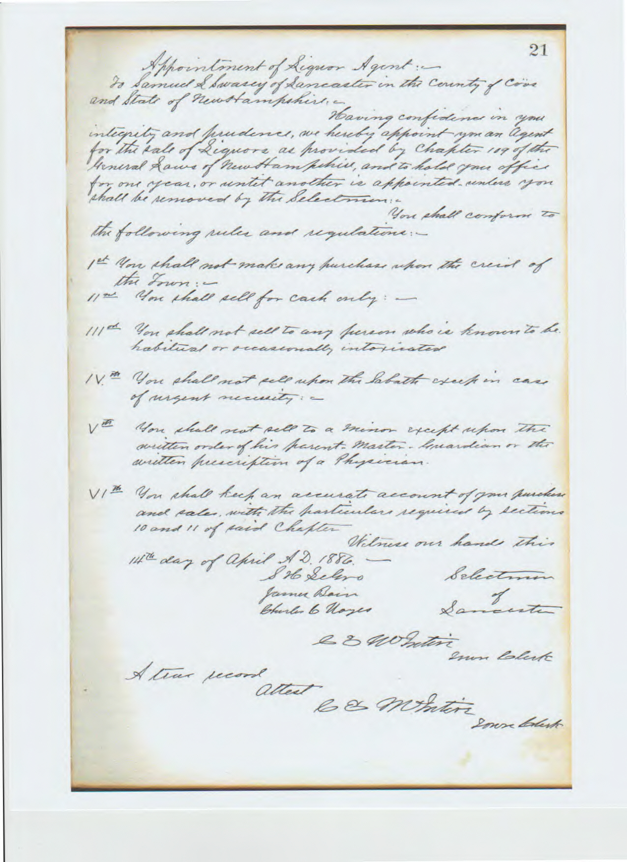 Lancaster, New Hampshire 1886 liquor license