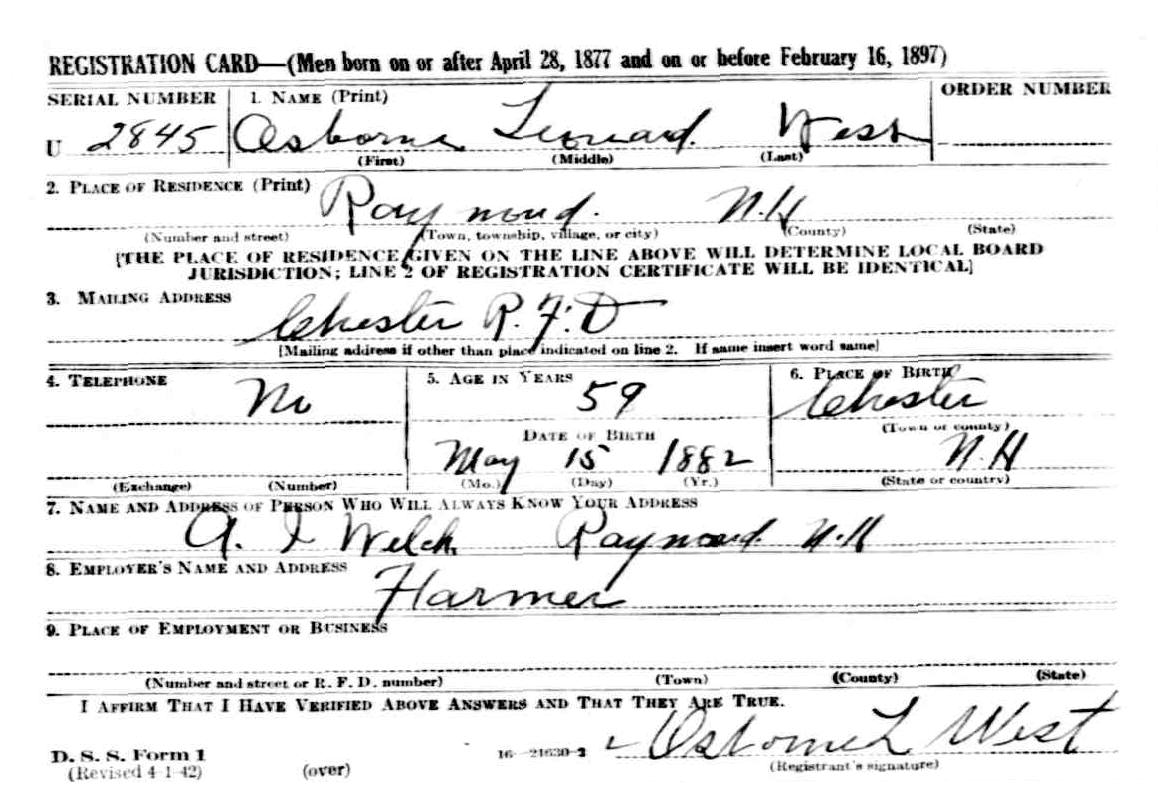 Osborne Leonard West WW II draft registration card
